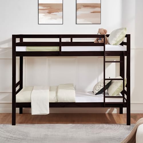 Twin Over Twin Bunk Bed with Thick Posts,Wooden Bunk Bed with High Guardrail and Ladder for Kids, Teens, Dorm Rooms, and Guest Rooms,No Box Spring Needed,Espresso
