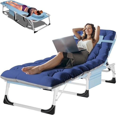 Image of ABORON Patio Lounge Chair, Folding Adjustable Chaise Chair, Max 450LB Load | 5-Gear Adjustable, Zero-Assemble, 75in Length, With Cotton Pad, Side Pocket, for Home, Garden, Beach, Office, Camping