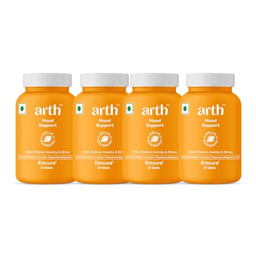 Image of Arth Mood Support | Helps reduce anxiety & Stress | Hormone Free, Gluten Free, Allergen Free | Complete with Magnesium Bisglycinate + Vit D2 | 3 Month Supplement (30 Tablets x 4)