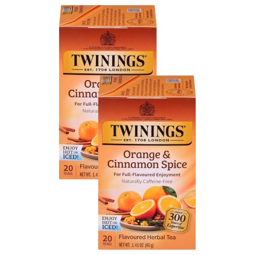 Twinings Orange &amp; Cinnamon Spice Herbal Tea Individually Wrapped Bags, 20 Count (Pack of 2), Naturally Caffeine-Free, Enjoy Hot or Iced, 20 Teabags