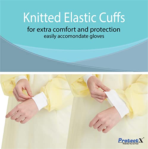 ProtectX (Yellow 100 Pack) Disposable Breathable Polypropylene Isolation Gown with Elastic Knit Cuffs, Covered Back, Extra-Long Double Ties, Universal Size - Thumbnail 3