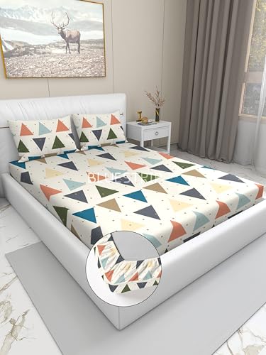 Image of Blue Strip 300 TC Cotton Feel Glace Cotton Elastic Fitted Printed King Size Double Bed Bedsheet with 2 Pillow Covers Fits Upto 9 Inches, Size 72x78x10 Inches