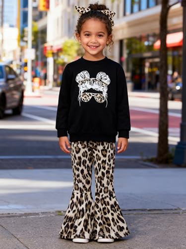 Image of Toddler Girl Clothes Long Sleeve Cartoon & Letter Graphic Top + Fruit Stationery Print Flared Leg Pants