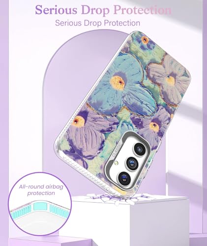 Image of Elzzi Compatible with Samsung S24 FE 5G Case Laser Flower Oil Painting Cute Colorful Blue Ray Bumper with Full Camera Protection Shockproof PC+TPU Glossy Shiny Cover for Girls Women, Green