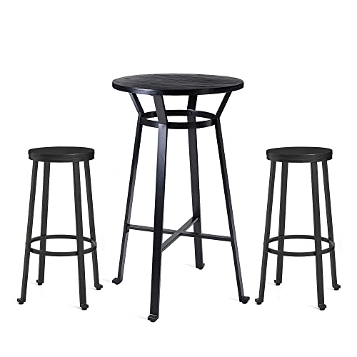 Glitzhome 3 Piece Pub Dining Set, Black Steel Round Bar Table With Soild Elm Wood Top And Bar Stools For Breakfast Nook Living Room Small Space Restaurant #TOP5