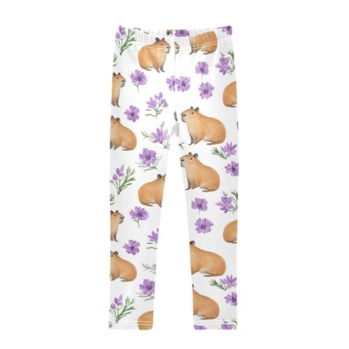 Capybaras Girls' Leggings Toddler Doodles Purple Flowers Kids Yoga Pants Dance Active Tights 4T