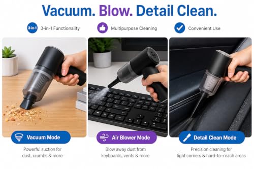 Image of 3-in-1 Mini Vacuum Cleaner with Blower & Ear Cleaner | USB Rechargeable Multipurpose Cleaning Tool for Keyboard, Laptop, Car, and Ear Wax | Compact Dust Remover with Attachments (Pack of 1)
