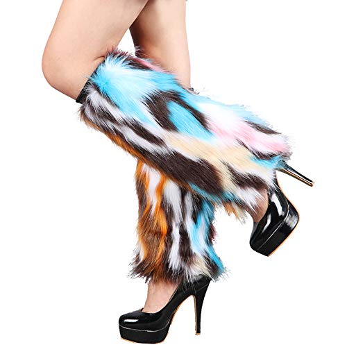 Image of Tie Dye Women Furry Leg Warmers Faux Fur Boot Covers Fluffies Cuffs, 15.7 inch Tall