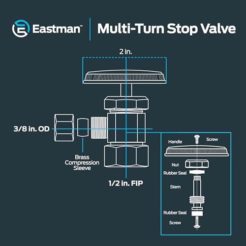 Image of Eastman 1 /2 Inch FIP x 3 /8 Inch OD Compression Multi-Turn Angle Stop Valve with Brass Stem, Brass Plumbing Fittings, Chrome, 10809LF