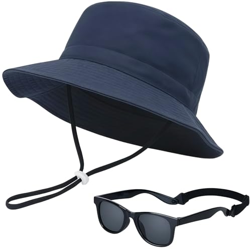 Image of Toddler Baby Sun Hat and Polarized Sunglasses Set with Strap Adjustable UPF50+ Sun Protection Beach Hats Age 6-24 Months
