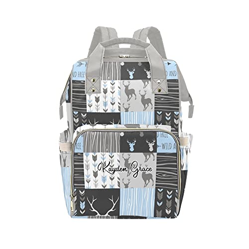 Grandkli Patchwork Deer Personalized Diaper Bag Backpack with Name,Custom Tote Bag Travel DayPack for Nappy Mommy Baby Boy Girl