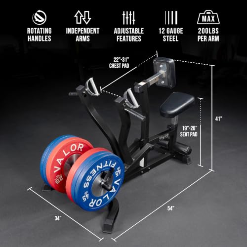 Image of Valor Fitness Seated Row Machine - Plate Loaded with Converging Arms & Multi-Grip Handles, 400 lb Capacity, 2 inch Plate Adapters for Back & Chest Strength Training Home Gym Equipment