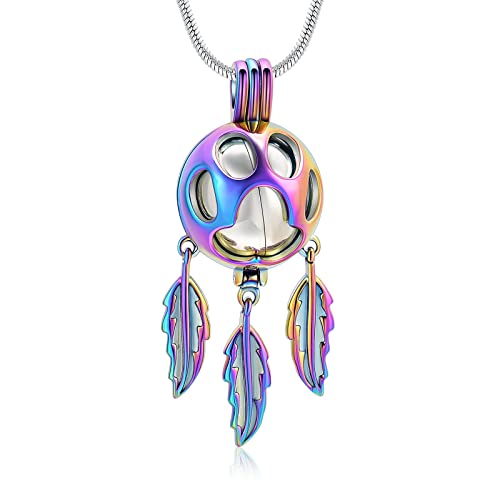 Minicremation Pet Cremation Jewelry for Ashes Paw Print Urn Necklace for Dogs Ashes Dream Catcher Hollow Ball Keepsake Pendant Necklace