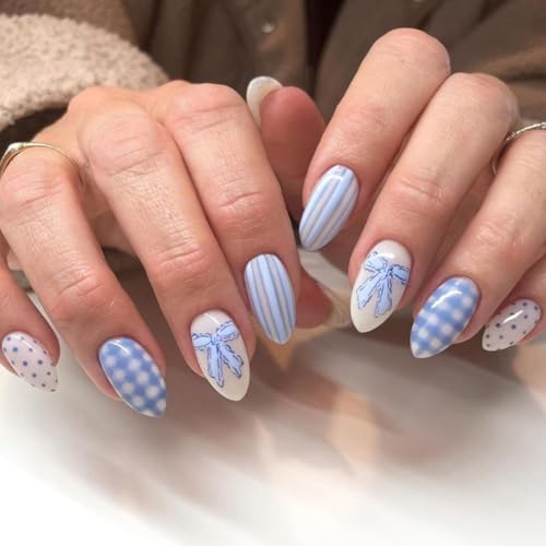 Blue Polka Dot Press on Nails Short, Almond Shape Blue Bow Fake N...