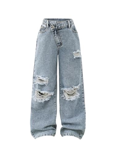 Verdusa Girl's Vintage Asymmetrical Ripped Jeans Streetwear Wide Straight Leg Denim Pants with Pockets