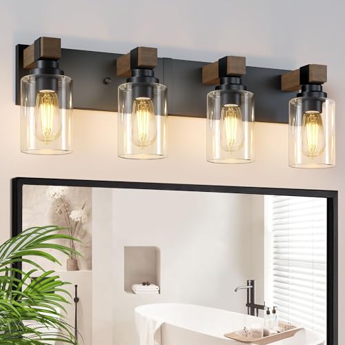 Image of Farmhouse Bathroom Vanity Light Fixtures, Rustic 4-Light Wood Vanity Lights for Bathroom, Vintage Black Wall Sconces Lighting, Light fixtures Over Mirror, with Glass Shade