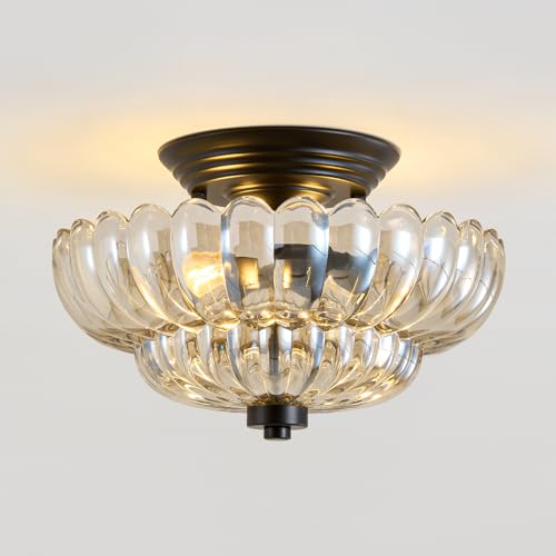 Vintage Glass Ceiling Light Fixture: Amber Scalloped Flower Semi Flush Mount Ceiling Light - Modern Black Bedroom Lights Fixtures - Kitchen Entry Hall Way Foyer Bathroom Laundry Living Room
