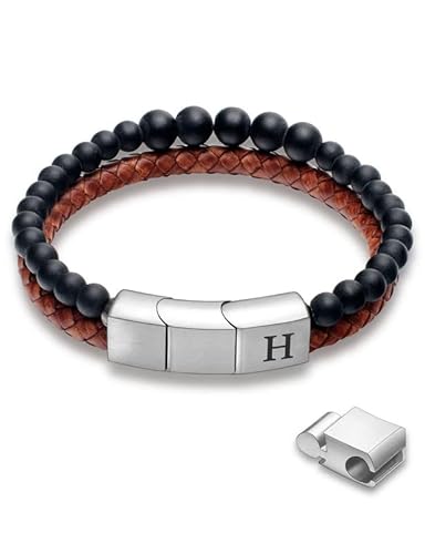 Initials Bracelets Premium Double Layered Leather Beads Bracelets For Men Women Braided Leather With Stainless Steel Magnetic Clasp Beaded Stone Bangle Anxiety Stress Relief Gift For Men Brown H #TOP8