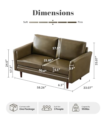 Image of Kingfun 58 inch Faux Leather Loveseat Sofa, Mid Century Modern Leather Couch for Living Room, Small Love Seat for Small Spaces, 2-Seater Mini Sofa with Rolled Arms and Deep Seats, Olive Green