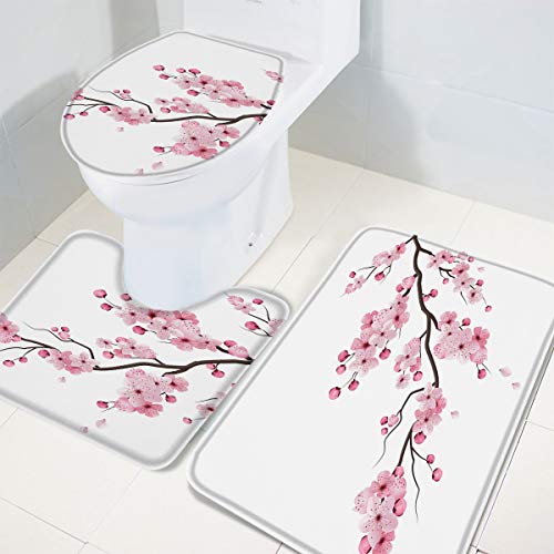 T&H XHome Rutschfestes Badematten-Set, 3-teilig, für Badezimmer, eine Gruppe von Kirschblüten, luxuriöser Memory-Schaum… – Bild 6