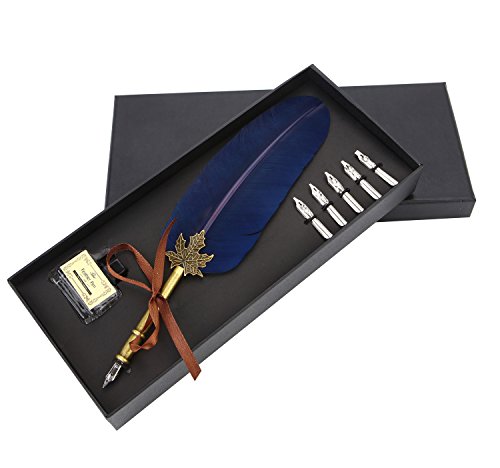 Antique Feather Dip Pen Set - Retro Feather Pen Calligraphy Pen Set Feather Writing Quill Ink Dip Pen (Navy)