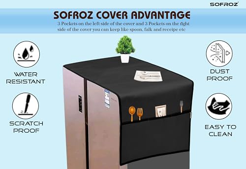 Image of Refrigerator Double Door Waterproof, Dustproof, Protective Cover for Fridges with Extra Storage Space Nylon Top Cover with 6 Storage Pockets (170 x 65 cm) (Black)
