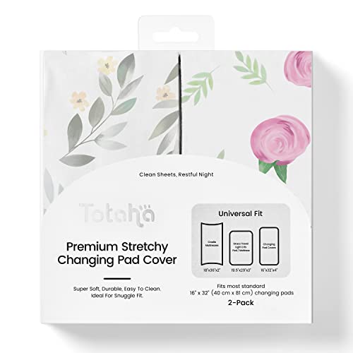 Image of TotAha Premium Stretchy Changing Pad Covers (2-Pack)-Hypoallergenic, Silky Comfort, Buttery Soft, Calming Effect, All-Season Jersey-Knit 32'' X 16'' X 5'' Deep Pocket (Pink Buds & Green Leaves)