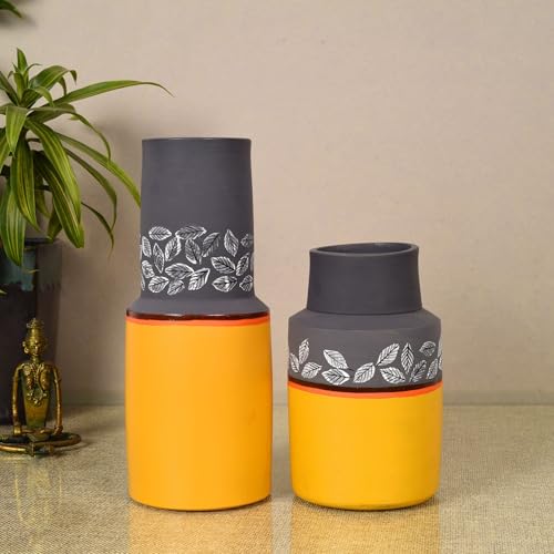 Image of Aakriti Art Creations Bluebell Fields Terracotta Decorative Vases Set of 2 | Handmade Yellow Matte Finish Floral Art Flower Vases for Living Room Room Decor | Show Pieces for Home Decor Living Rooms