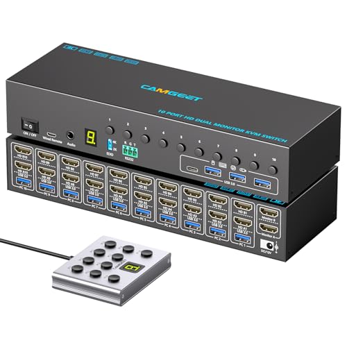 Image of 10 Port 8 Port 2 Monitors KVM Switch HDMI 4K@60Hz EDID Simulation, USB 3.0 Dual Monitor KVM Switch 2 Monitors 8 Computers 10 Computers,4 USB3.0 Ports, Audio,RS232,Wired Remote,12V Power,10 USB Cables