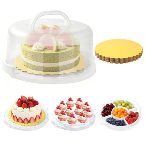 FDKYOEK 10 Inch Cake Carrier with Lid and Handle, Round Cake Transport Container with 10 Inch Cake Boards & Cupcake Serving Tray, Portable Pie Cake Holder with Cover for Wedding Party Picnics Camping