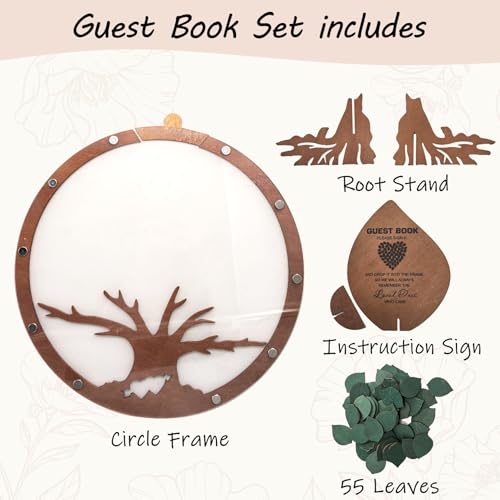 Image of PAMBO Wedding Guest Book Alternative with 55 Green Leaves,Rustic Wooden Family Signing Tree Guest Book - 12 inch Handcrafted Wedding Decoration & Keepsake