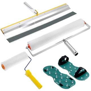 QWORK® Kit di Strumenti per Cemento Autolivellante, Gunite Spike Scarpe per epossidici Pavimenti, Set di rulli di sfiato, Rastrello Autolivellante per Raschietto in Acciaio Inossidabile