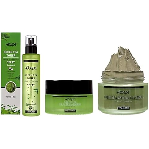 Hebepe Green Tea Matcha Facial Toner Mist with Coconut Water, Matcha Lip Sleeping Mask Overnight, and Facial Detox Clay Mask with Mineral Oil Cover