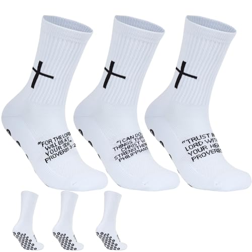 Meudid 3 Pairs Cross Grip Soccer Socks for US 6-13 - Anti-Slip Christian Socks with Bible Verse, Jesus Sports Sock for Football Training White