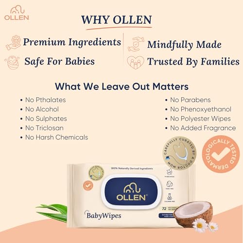 Image of OLLEN Extra Thick Baby Wipes with Lid | Water-Based, Unscented & Gentle on Skin | Plant-Based Fabric | Aloe Vera & Chamomile (Pack of 4)
