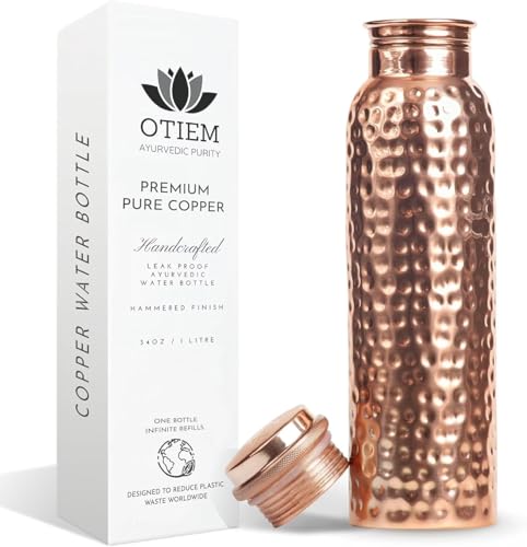 Otiem 100% Copper Water Bottle For Drinking Water, 34 Oz Hammered Finish