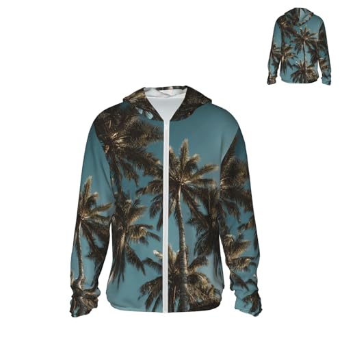 Men's UPF 50+ Sun Protection Hoodie Long Sleeve Fishing Shirts Quick Dry Tall Tropical Palm Trees Sun Shirt Jacket