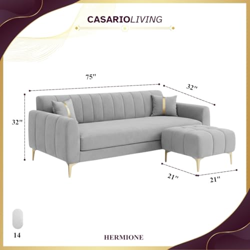 Image of Hermione 4 Seater L Shape Sofa Set with Movable Ottoman | Flexible Left or Right Layout | Luxe Velvet Suede Fabric | Comfortable Seating | Modern Sofa for Living Room - Light Gray