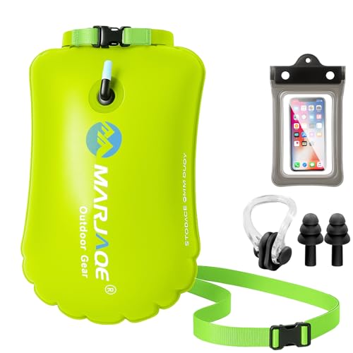 2 en 1 Bolla Natación y Mochila Estanca, 28L Boya Natacion Aguas Abiertas, Boya Hinchable con Funda Impermeable para Móvil, Pinzas para Nariz y Tapones para Oídos, para Kayak, Triatlón, Surf (Verde)