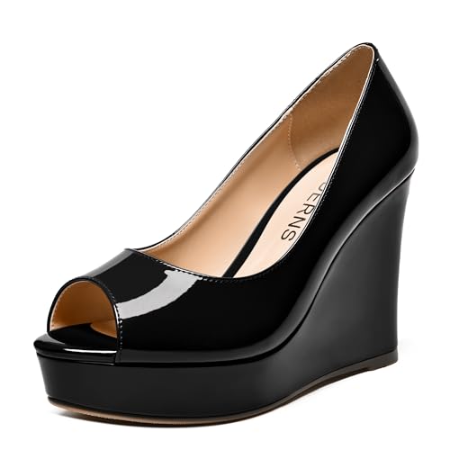 WAYDERNS Womens Slip On Patent Peep Toe Solid Wedding Dress Wedge High Heel Pumps Shoes 4 Inch Platform