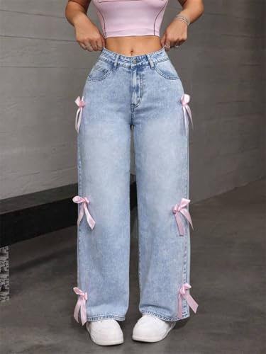 CORIRESHA Women's Y2K Wide Leg Straight Fit Side Ribbon Bows Full Length High Rise Denim Jeans3