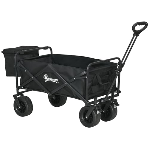 Outsunny Carro de Jardín con Bolsa Térmica Desmontable Carro para Playa Plegable con Longitud y Ángulo del Mango Ajustables y Bolsa de Transporte Carga 100 kg para Compra Negro