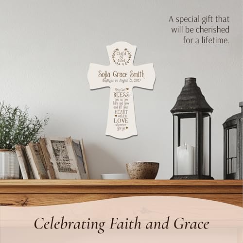 Image of LifeSong Milestones Personalized Ivory Baptism Cross for Girls - Wooden Wall Cross Decoration - Christening, Baby Dedication & First Communion Gifts Ivory 8.5x11