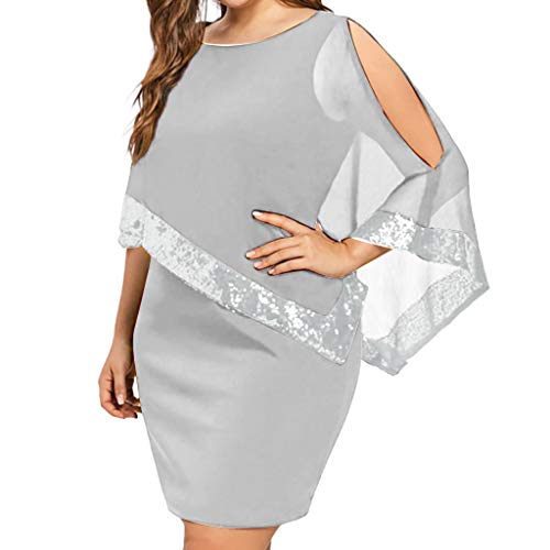 aihihe Sequined Overlay Party Dress Chiffon Poncho Slit Sleeve Pencil Cocktail Mini Dress Gray