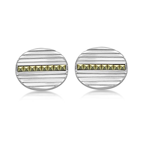 Hoxton London Manchetknopen van sterling zilver, ovale marcasiet, bezette geribbelde manchetknopen Voor Herren - Image 3