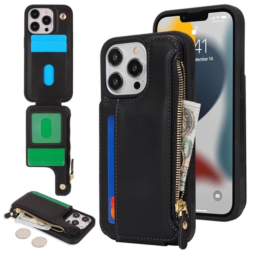 Image of Cavor for iPhone 13 Pro Case with Card Holder,for iPhone 13 Pro Wallet Case for Women Men,Leather Magnetic Clasp Zipper Pocket Protective Phone Cover-Black