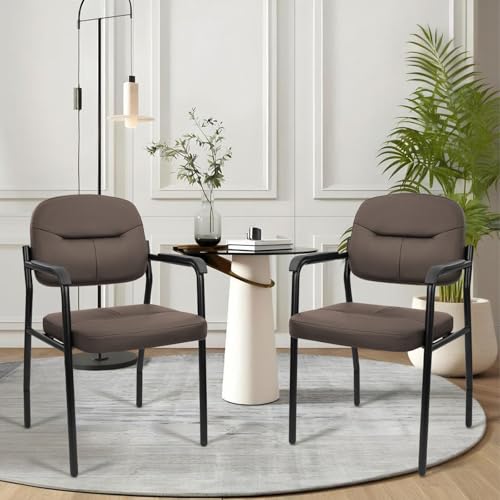Image of CLATINA Leather Office Guest Chair Sets of 2, Reception Chair No Wheels with Armrests and Lumber Support, Ergonomic Desk Armchair for Meeting Waiting Conference Lobby Room Shool Study, Brown