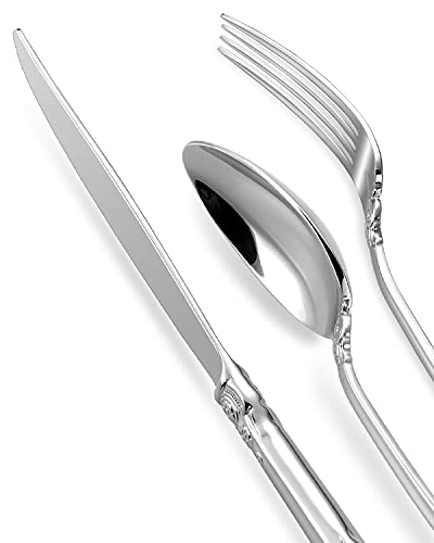 KEAWELL Luxury 20 Pieces 18/10 Stainless Steel Flatware set, Service for 4, silver plated with gold accents, Fine Silverware set and Dishwasher Safe (Silver) KEAWELL Luxury 20 Pieces 18/10 Stainless Steel Flatware set, Service for 4, silver plated with gold accents, Fine Silverware set and Dishwasher Safe (Silver)