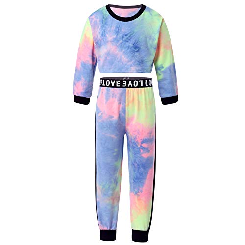 CHICTRY Mädchen Sportanzug Langarm Batik Top mit Hose Regenbogen Trainingsanzug Hip Hop Tanz Kleidung Set für Freizeit Workout Tanzen Bunt 134-140 Cover