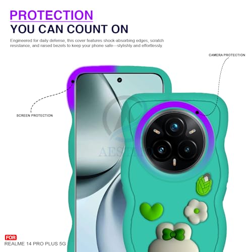 Image of AESTMO Back Case Cover for Realme 14 Pro Plus 5G | 3D Cute Fun Cartoon Characters | Anti Slip Grip Cute Wave Curly Frame Shape | Back Cover for Realme 14 Pro Plus 5G (Green)